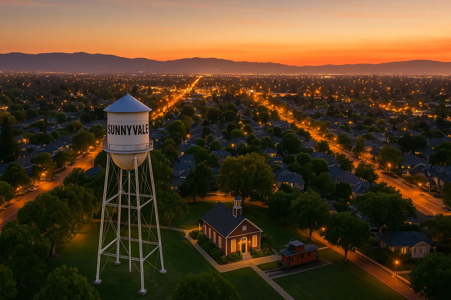 Aerial dusk photograph of Sunnyvale featuring the Heritage Park water tower with bold “SUNNYVALE” lettering in the foreground, a historic schoolhouse lit below, grid of suburban streets glowing under streetlights, and distant Santa Cruz Mountains under a fading warm-to-cool sky.